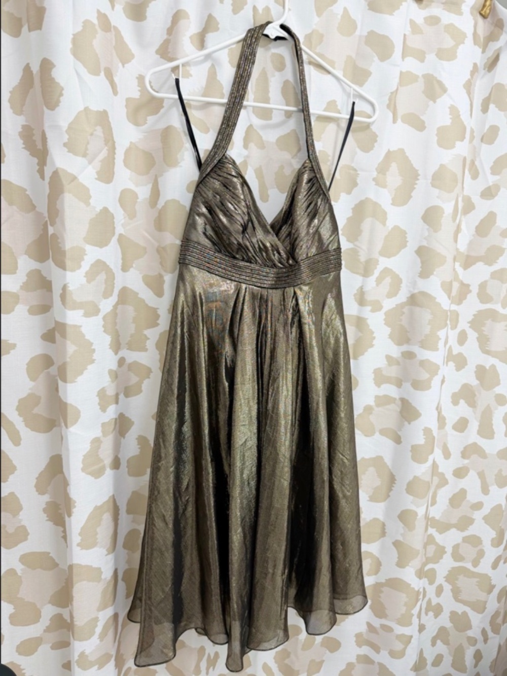 Vintage Badgley Mischka Liquid Bronze Metallic Silk Halter Pleated Dress Y2K